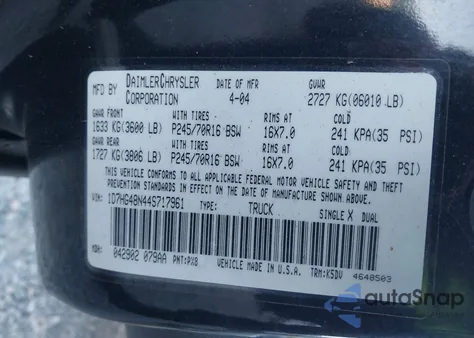 2004 Dodge Dakota Slt z USA, uszkodzony, nr VIN 1D7HG48N44S717961